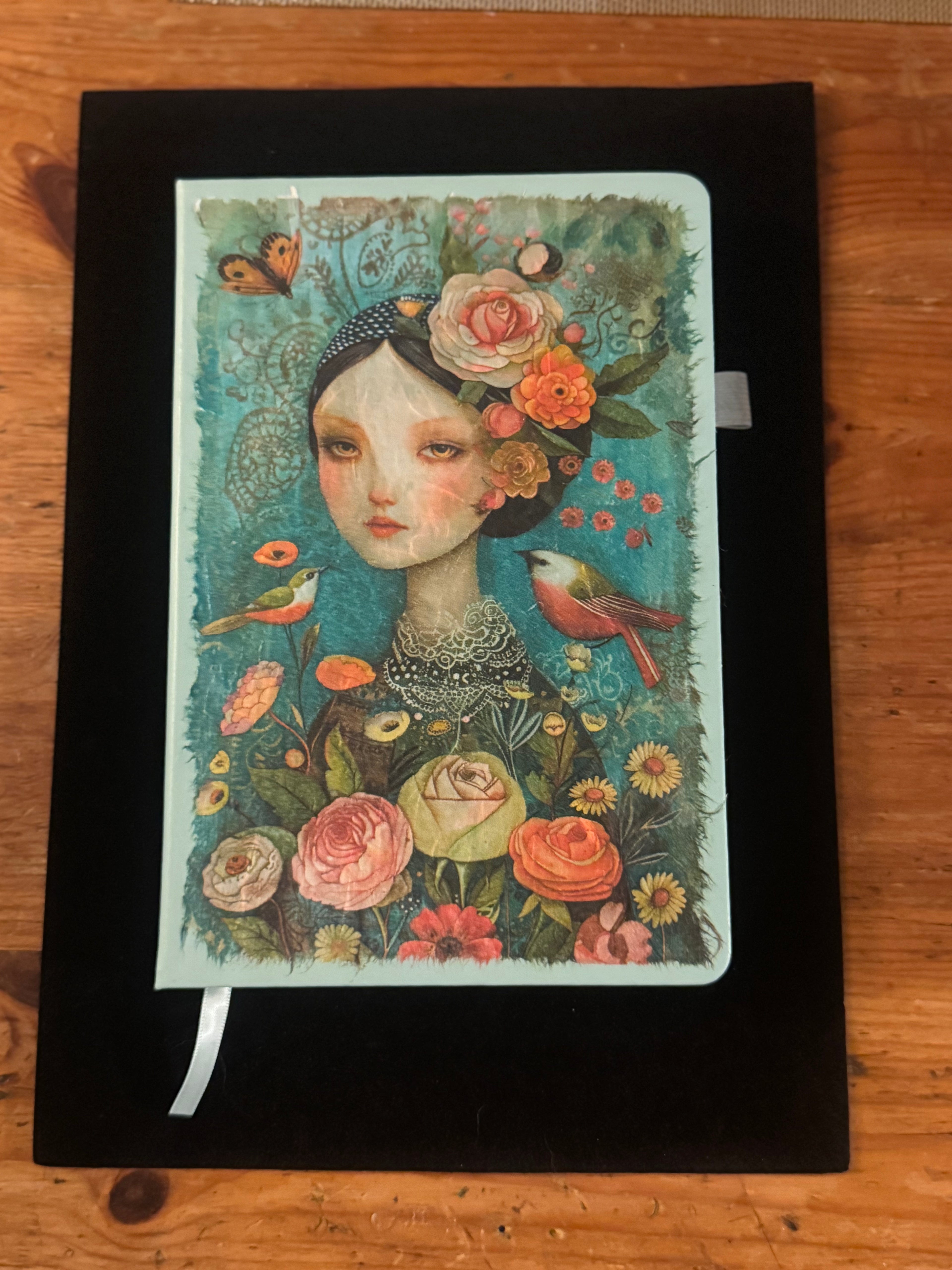 Bright Flowers and Lady Blue Green Journal $25