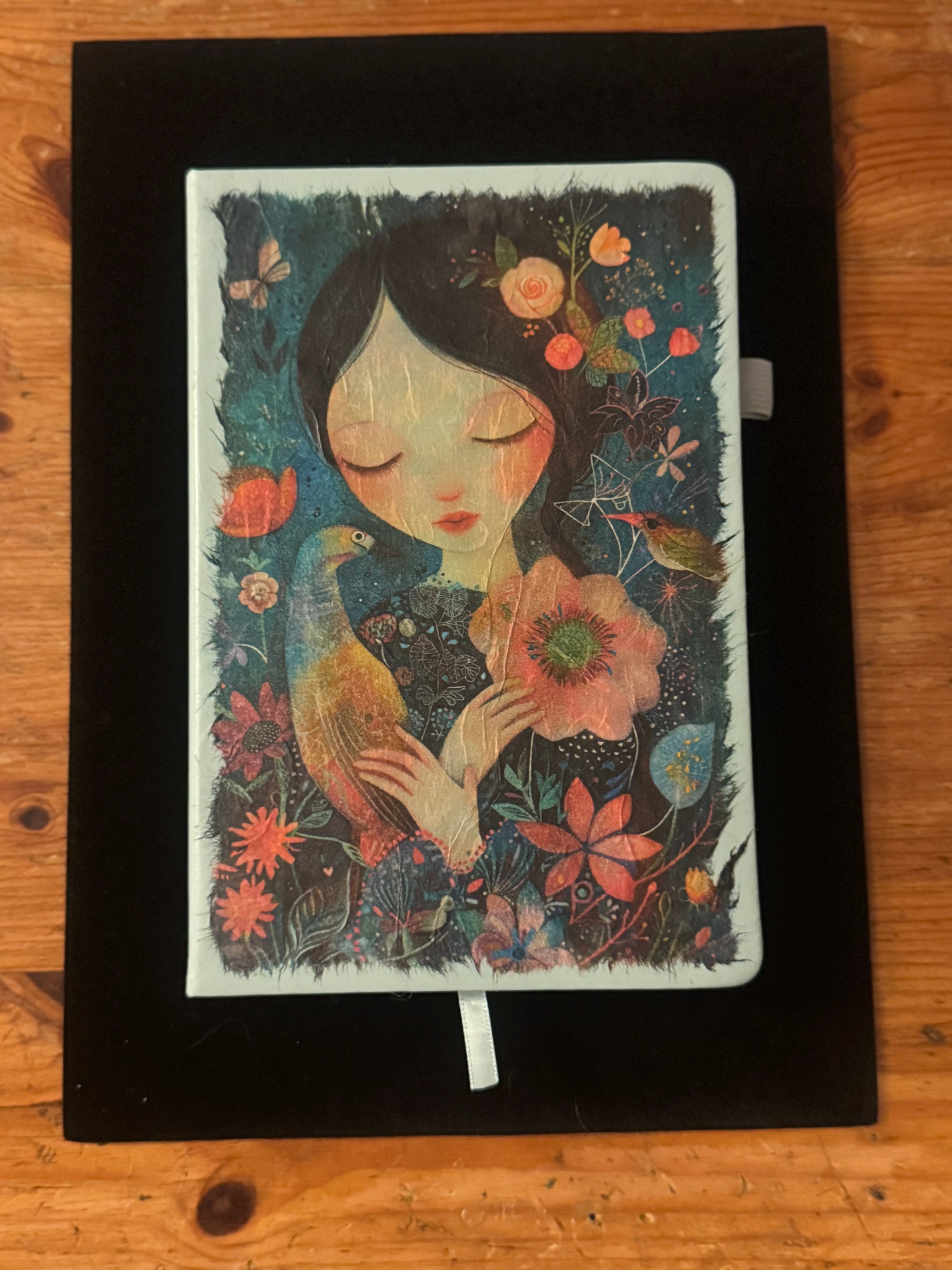 Bright Flowers and Lady Blue Green Journal $25